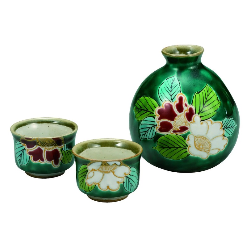 Kutani Ware Bizan Kiln Porcelain Sake Set Sasanqua Camellia