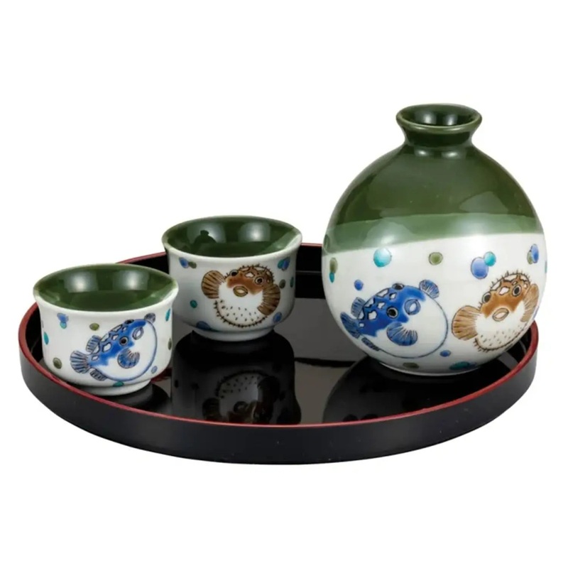 Kutani Ware Porcelain Sake Set Blowfish