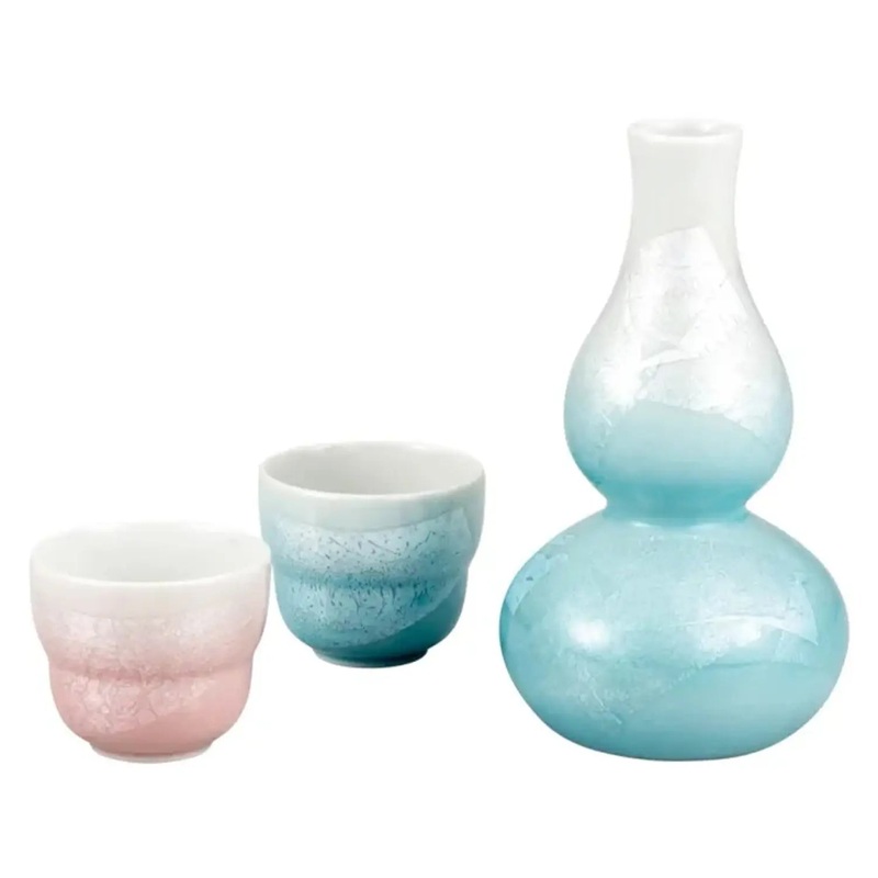 Kutani Ware Porcelain Sake Set Ginsai Sky Blue and Pink