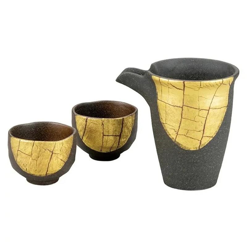 Kutani Ware Porcelain Sake Set Gold Leaf
