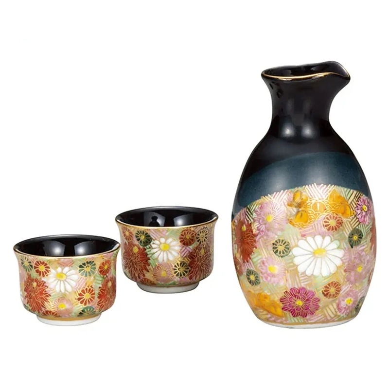 Kutani Ware Porcelain Sake Set Hanazume