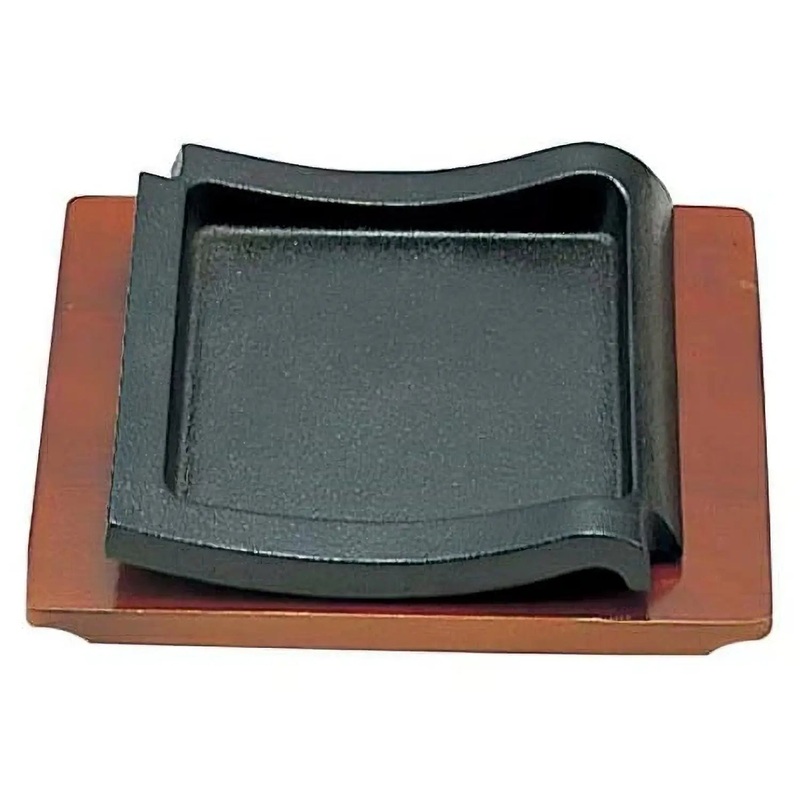 Sanwa Seiki Cast Iron Kawara Sizzler Platter with Wooden Base