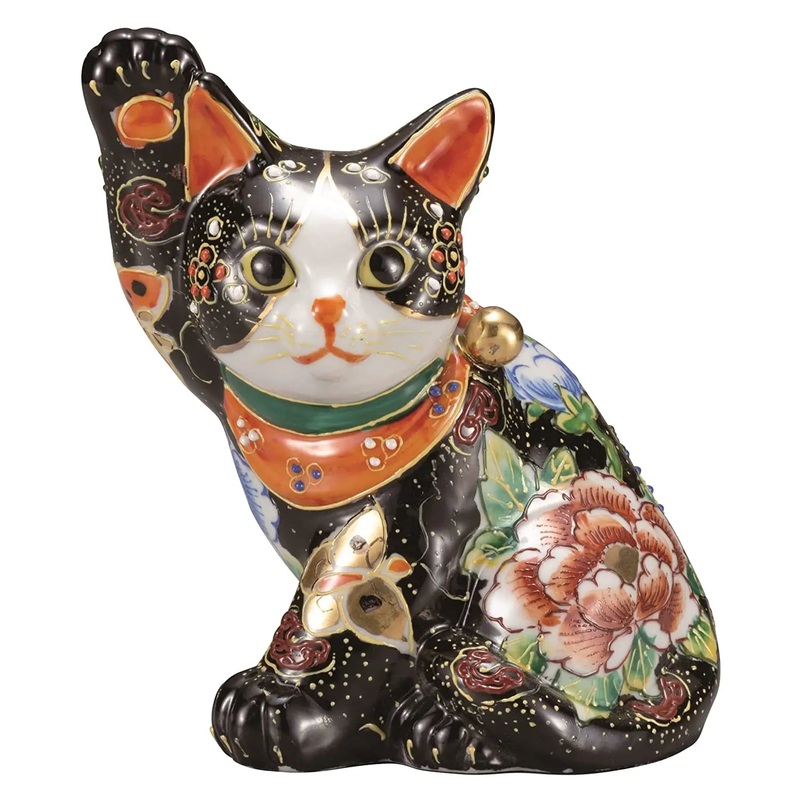Kutani Ware Porcelain Maneki Neko Figurine Butterfly and Flowers 5.5-Go