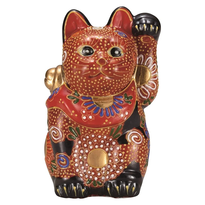Kutani Ware Porcelain Maneki Neko Figurine Flowers Navy Blue 4-Go