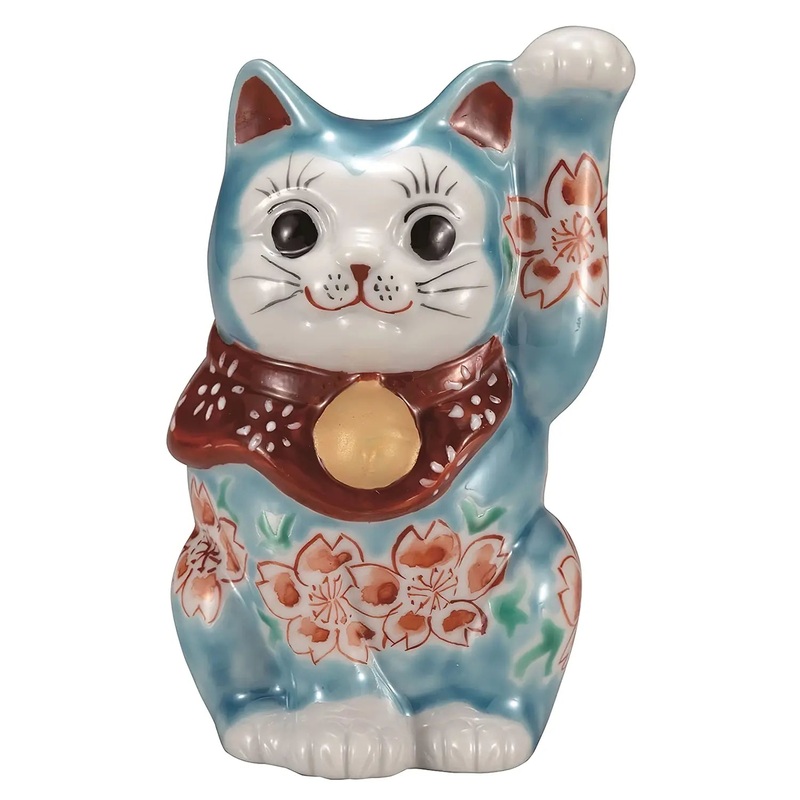 Kutani Ware Porcelain Maneki Neko Figurine Sakura Blue 3.3-Go