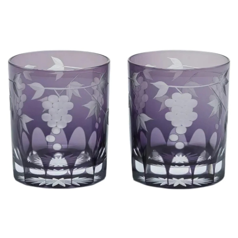 Kimoto Glass Tokyo Edo Kiriko Pair Old Fashioned Glass Grapes