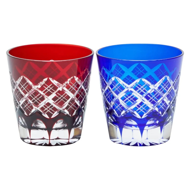 Kimoto Glass Tokyo Edo Kiriko Pair Old Fashioned Glass Layered Yarai
