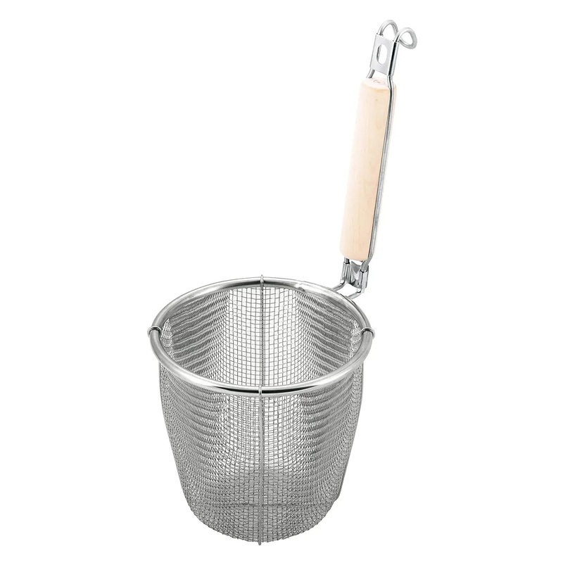 Minex Stainless Steel Udon Tebo Noodle Strainer Flat Base with Plain Wooden Handle