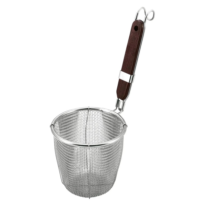 Minex Stainless Steel Udon Tebo Noodle Strainer Flat Base with Wooden Handle