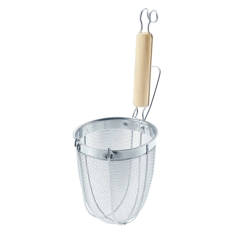 Three Snow Stainless Steel Udon Tebo Noodle Strainer Round Base with Wooden Handle
