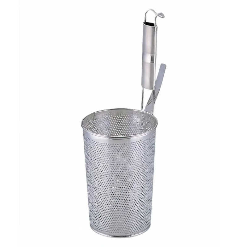 Yukiwa Stainless Steel Perforated Deep Tebo Noodle Strainer Flat Base with Metal Handle