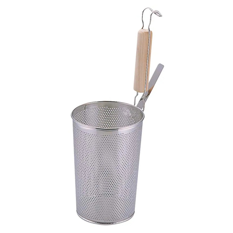 Yukiwa Stainless Steel Perforated Deep Tebo Noodle Strainer Flat Base with Wooden Handle