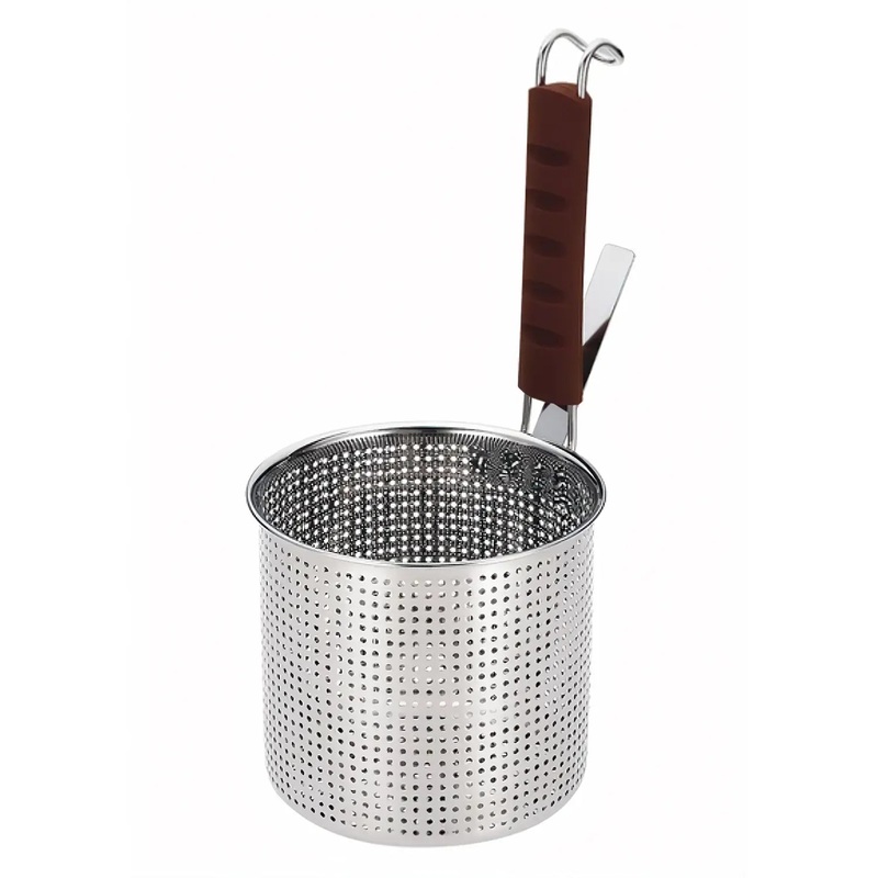 Yukiwa Stainless Steel Perforated Tebo Noodle Strainer Flat Base with Silicone Handle