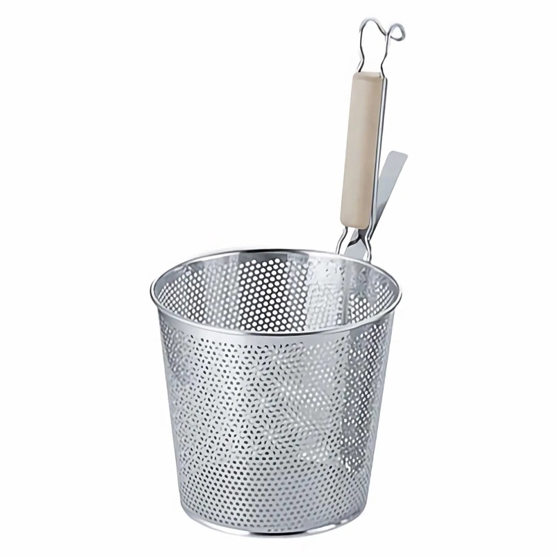 Yukiwa Stainless Steel Perforated Udon Tebo Noodle Strainer Flat Base with Wooden Handle
