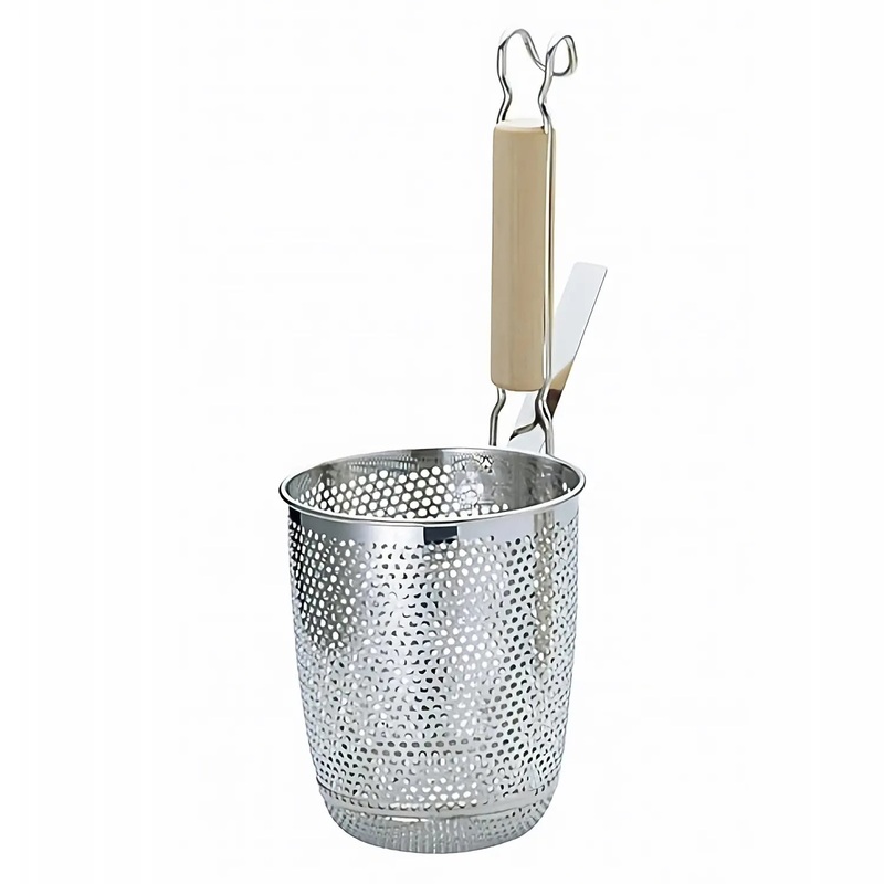 Yukiwa Stainless Steel Perforated Udon Tebo Noodle Strainer Round Base with Wooden Handle