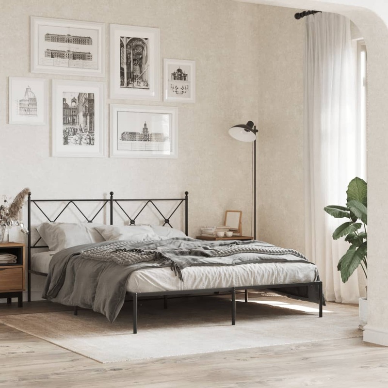 Cadre de lit mtal sans matelas avec tte de lit noir 150x200cm