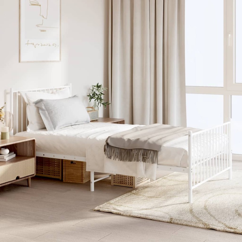 Cadre de lit mtal sans matelas et pied de lit blanc 100x190 cm