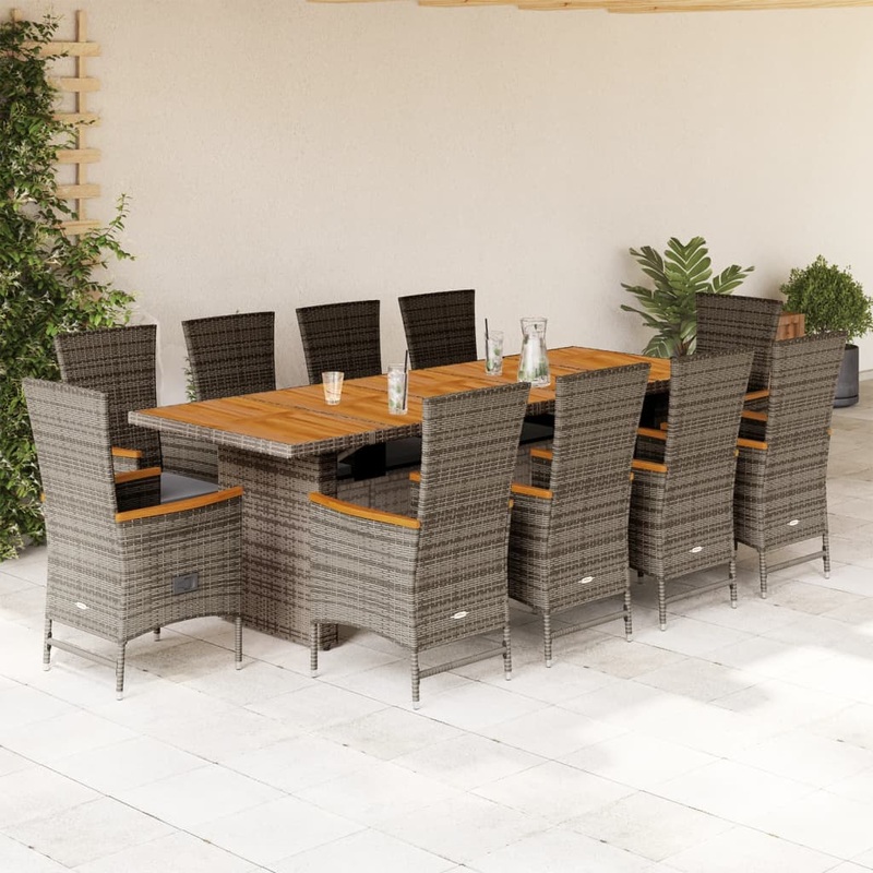 Ensemble  manger de jardin 11pcs avec coussins gris poly rotin