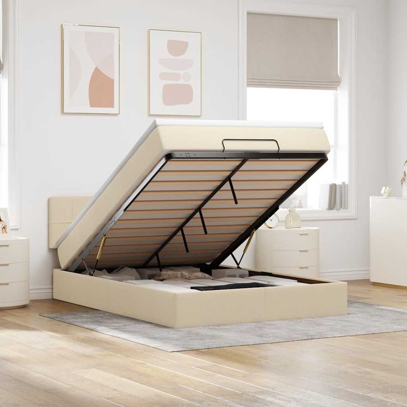 Lit ottoman avec matelas crme 140x200 cm tissu