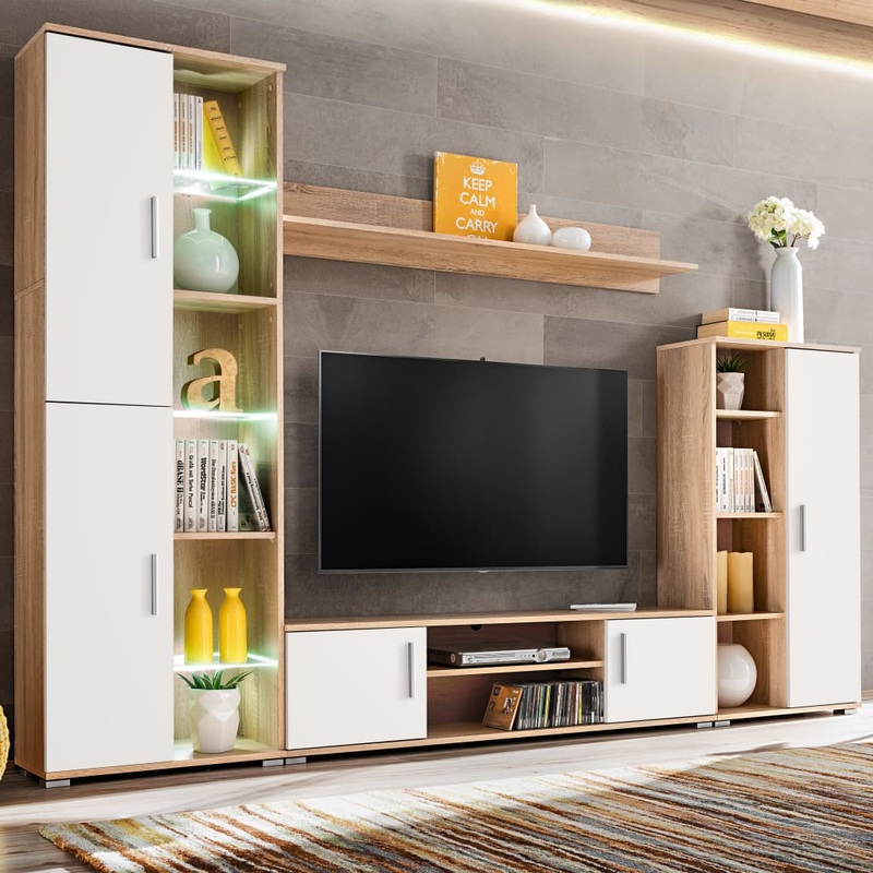 Meuble TV mural avec lumire LED Chne sonoma et blanc